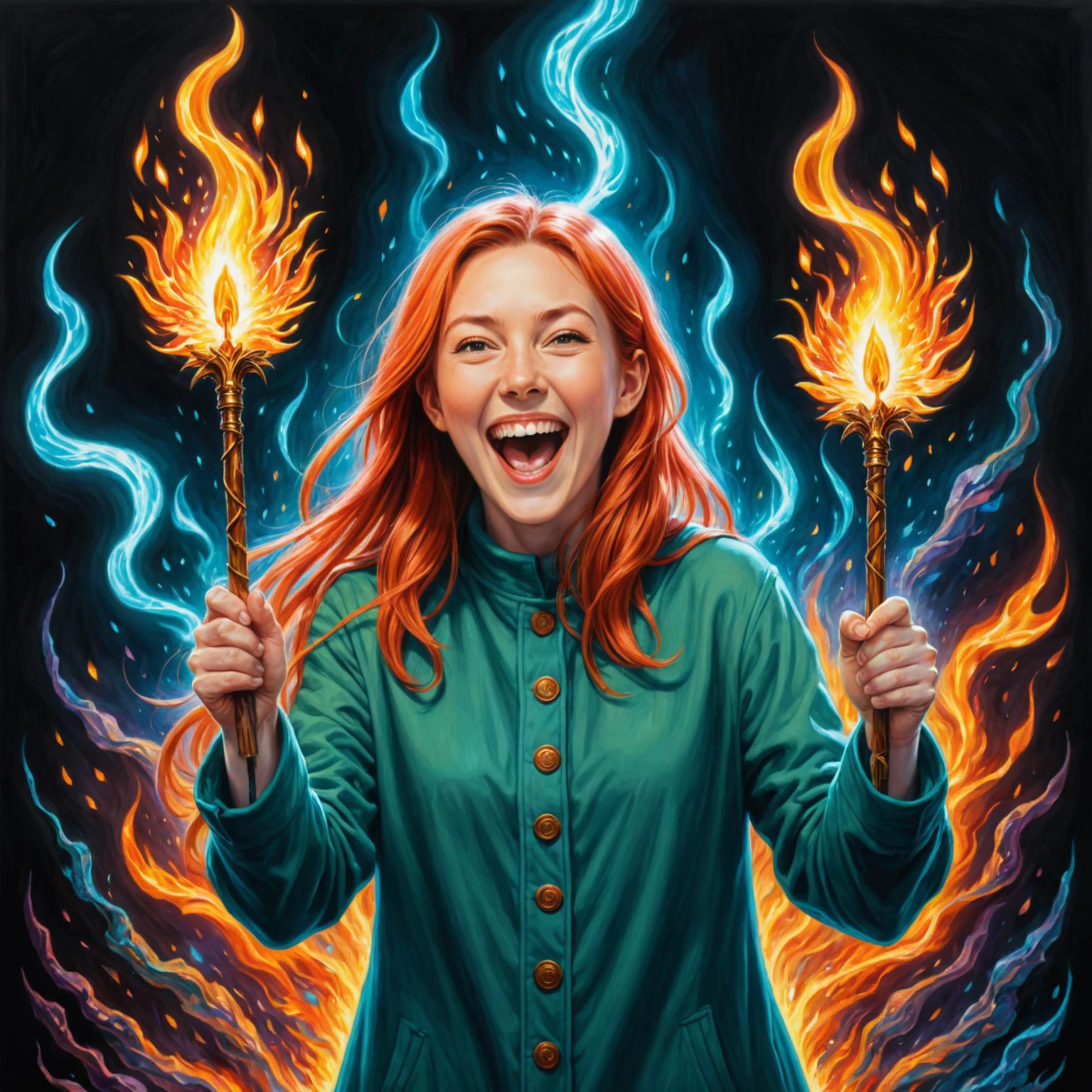 8k digital oil pastel on canvas<lora:oil_pastel:1> by (((Alan Lee) and Yuumei) and Sydney Edmunds) and Kelly Vivanco, cute happy woman holding up two firey magical wands, maniacal laughter<lora:maniacal_laughter:1.0> <lora:dual_pisols:1.2>, <lora:more_art:0.20><lora:huge_anime_eyes:0.85><lora:attractive:0.75><lora:great_lighting:1.00><lora:aesthetic:0.85><lora:photorealistic_portrait:0.85><lora:clothing_slider:3.00><lora:RMSDXL_Enhance:0.35><lora:RMSDXL_Creative:0.35><lora:RMSDXL_Photo:0.45><lora:RMSDXL_Darkness_Cinema:0.50><lora:XDetail_heavy:0.45><lora:perfect_eyes:0.15><lora:perfect_hands:0.15><lora:midjourney:-0.15><lora:looking_at_viewer:0.75>