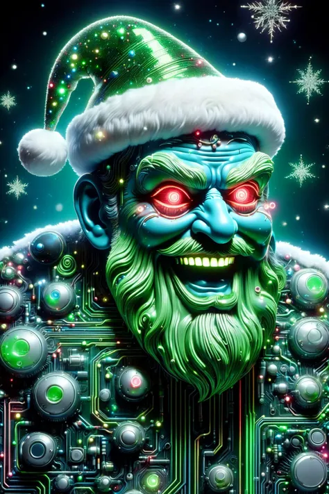 the head of a Santa Claus made of ral-semiconductor in the style of aaron horkey, <lora:DonMW15pXL-000008:1> DonMW15pXL, neon green lighting, neon green clothing, (neon red eyes:1.3), floating, astral, <lora:ral-semiconductor:0.6> <lora:DonMN30nChr1stGh0stsXL:1> DonMN30nChr1stGh0stsXL <lora:maniacal_laughter:1.2> maniacal laughter <lora:EnvyBetterHiresFixXL01:1>, (masterpiece:1.2), best quality, (hyperdetailed, highest detailed:1.2), high resolution textures