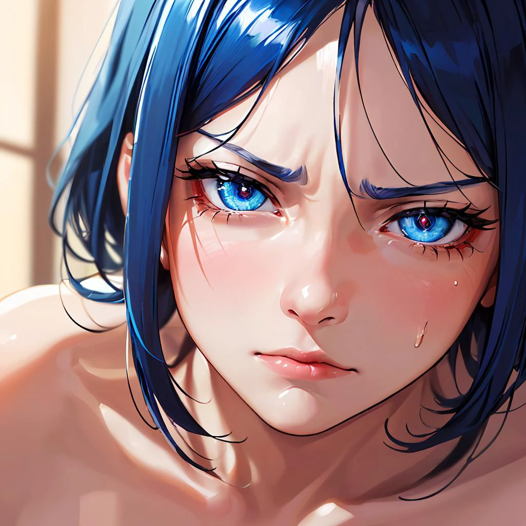 (masterpiece, highres, best quality, vivid, dynamic light:1.2), (closeup dynamic angle face shot:1.3), solo:1.5, mature woman, (happy moan stare eyes face:1.5), , huge heavy wide clean breast cleavage:1.5, soxe blue hair, curvy, thick, nude:1.5, shiny clean skin,