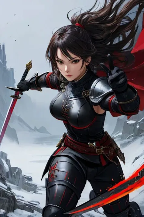 anime, full shot, sword fighting, detailed eyes, holding sword, black armor, red trim, fight pose, action pose, realistic, incredibly hyper-detailed and intricately realistic, female, adult, full body character, adult, beautiful, milf, detailed face, nice skin, facial features mature, cover art, hyper detailed painting, lighting, bar lighting, resort, 4k resolution concept art portrait, RAW, masterpiece