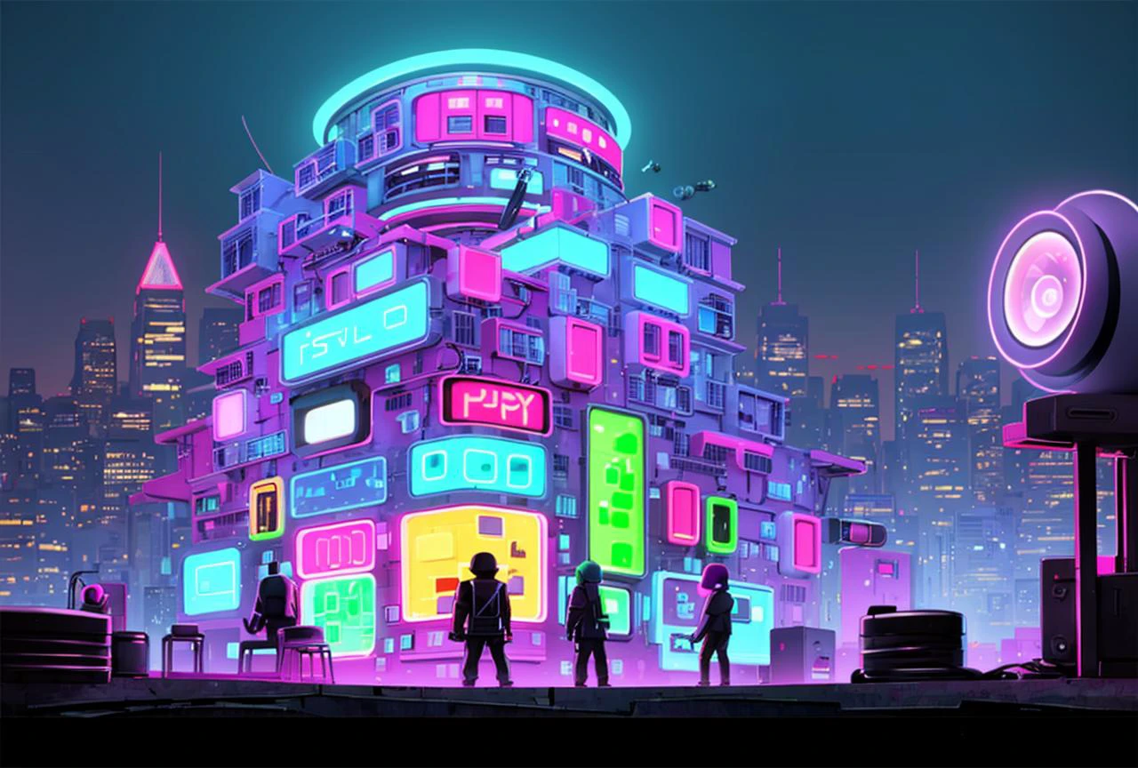 post modern, cyberpunk, (cityscape), masterpiece, best quality, building, (neon), (fisheye lens:1.3), <lora:toon_mix:0.6>