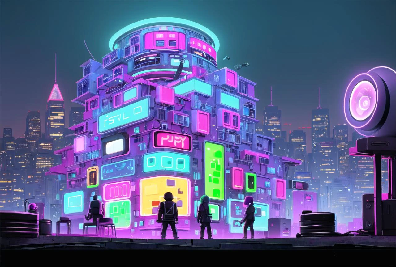 post modern, cyberpunk, (cityscape), masterpiece, best quality, building, (neon), (fisheye lens:1.3), <lora:toon_mix:0.6>