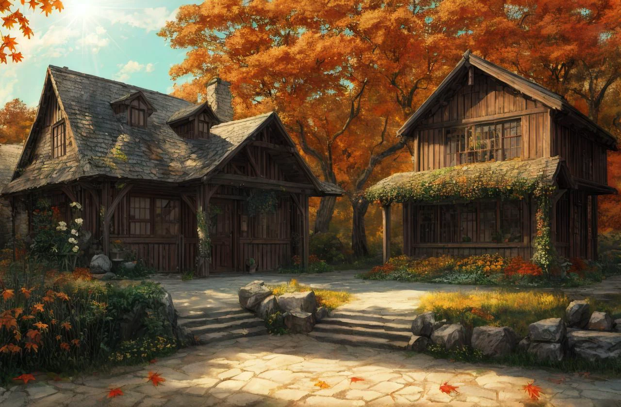 stone cottage, verdant, flowers, autumn leaves, absurd res, HDR, lens flare, maximum detail, far shot, best quality, digital illustration, realistic, beautiful environment, Photorealistic painting, Professional majestic oil painting, Portfolio piece, Fantastic location, (global illumination, studio light, volumetric light), best quality, masterpiece, lens distortion, stonework, autumn, garden, (detailed texture), (detailed background), (high contrast), ghibli artworks, <lora:add_detail:1>