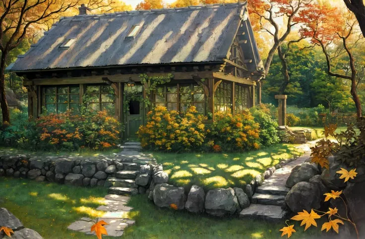 stone cottage, verdant, flowers, autumn leaves, absurd res, HDR, lens flare, maximum detail, far shot, best quality, digital illustration, realistic, beautiful environment, Photorealistic painting, Professional majestic oil painting, Portfolio piece, Fantastic location, (global illumination, studio light, volumetric light), best quality, masterpiece, lens distortion, stonework, autumn, garden, (detailed texture), (detailed background), (high contrast), ghibli artworks