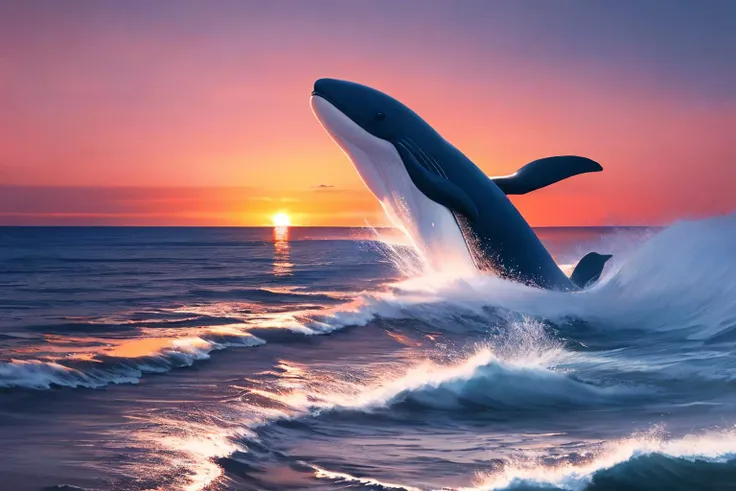 (masterpiece:1.15), (best quality:1.15), (detailed:1.1), (highres:1.1), 50mm lens, f/22, ISO 100, booscapes, nature, sky and ground, Sunrise Over Horizon, whale emerging from ocean, color grading, natural light <lyco:booscapes:1.0>