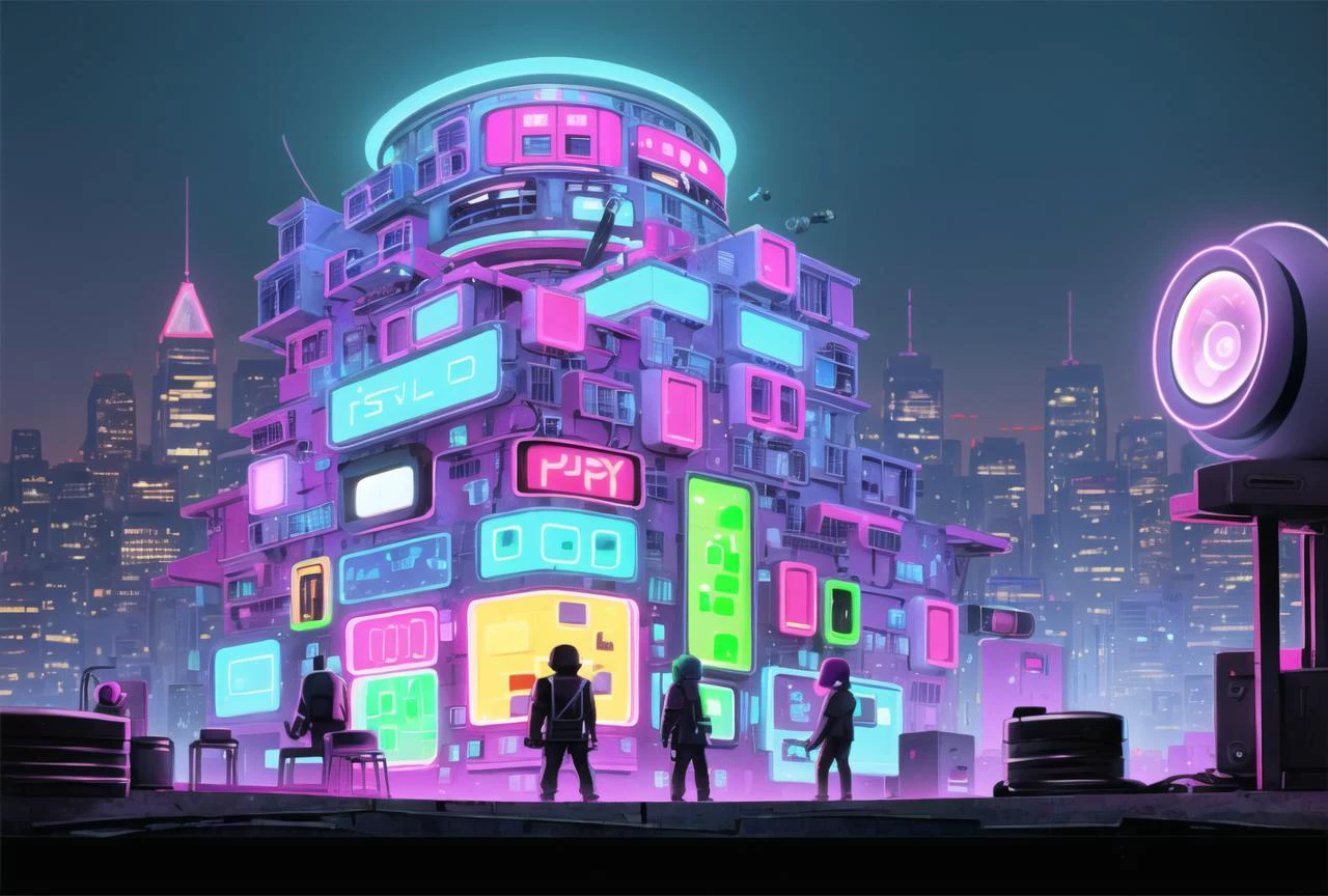 post modern, cyberpunk, (cityscape), masterpiece, best quality, building, (neon), (fisheye lens:1.3), <lora:toon_mix:0.6>