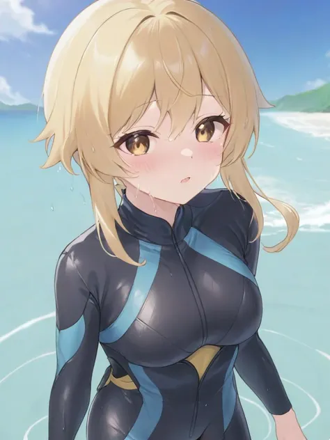 Close-up view of big-breasted swimsuit beauty is erotic