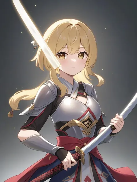 <lora:xl_ying girl-000005:1>,ying girl,blonde hair,Wearing armor and holding a samurai sword