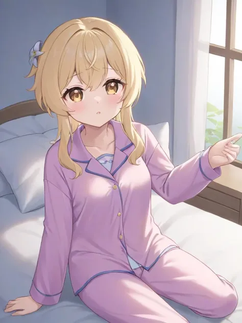 toddler figure, short hair, blonde, smile, bed, pajamas, girl sitting, holding used condom in hand
