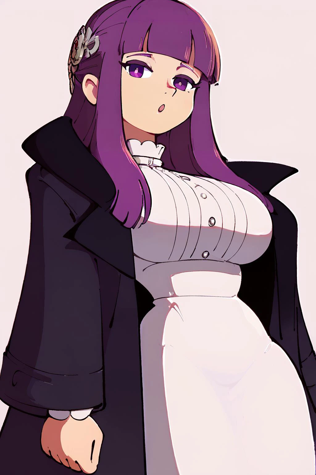 <lora:apple_xl:1> <lora:ChamFernPonyXL:1> FernFrieren,purple eyes,purple hair, long hair,half updo,hair ornament,large breasts.FernBase,white dress, collared dress, black robe, Score_9, Score_8_up, Score_7_up, Score_6_up, Score_5_up, Score_4_up, BREAK,1girl in full growth, best quality, masterpiece, ultra-detailed, high quality,good quality,1 girl,(master piece,high resolution, ultra detailed,8K,16K),look at viewer