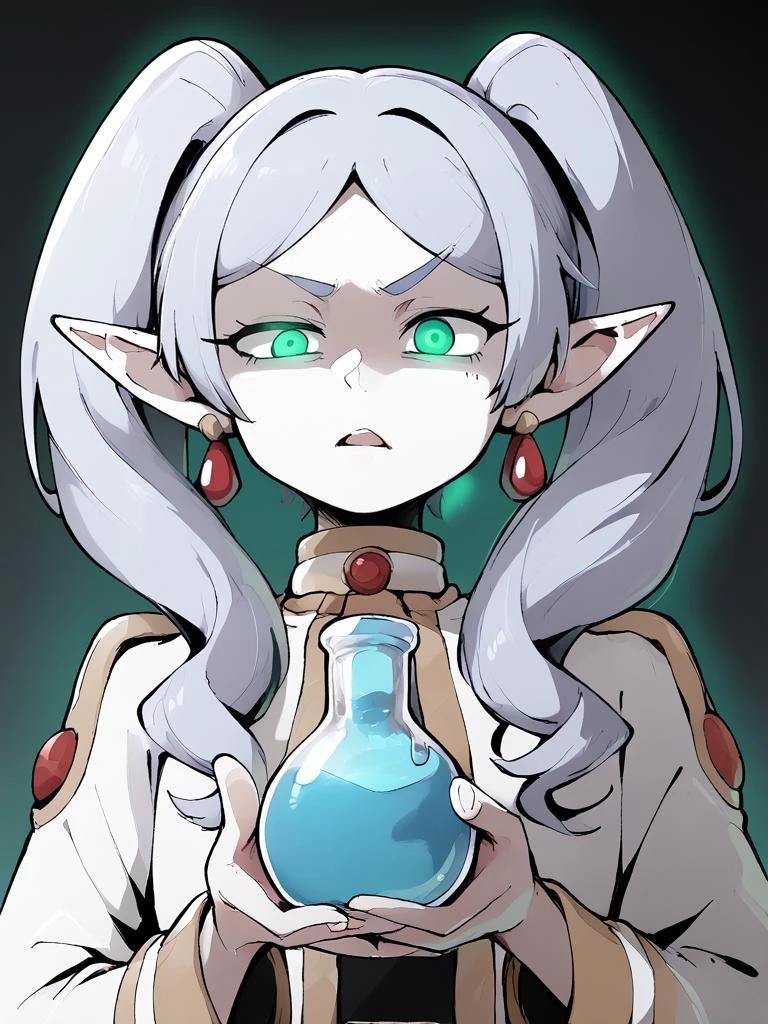 <lora:apple_xl:0.7>, score_9, score_8_up, score_7_up,score_6_up, score_5_up, score_4_up,
<lora:ebiblue_v1_pruned:0.8>,disgust,frown,open mouth,
<lora:frieren_nereirfpnxl_pony_v2:0.8>, frieren, white aura,green eyes,glowing eye,
long hair, pointy ears, twintails, jewelry, elf, earrings,
,Dolly zoom,Erotic Photography,black background, (monochrome:1.2), spot color, source_anime, high resolution, Masterpiece,
holding lilac potion, lilac potion, holding,
close up, from below