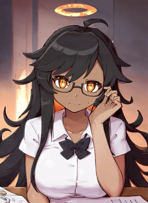 ((best quality)), ((highly detailed)), masterpiece, detailed face, beautiful face, (detailed eyes, deep eyes), (1girl), (glasses), different views, upper body, <lora:BlackHoleM87BlackHole_v4:.75>, blackholev4, ((dark skin)), orange eyes, glowing eyes, black sclera, personification, colored inner hair, large breasts, very long hair, (outer space, Earth \(planet\)), floating near Earth \(planet\), stars, galaxies, giantess, looming, (indoors, in a classroom, desks, blackboard, a schoolgirl, schoolgirl uniform, pleated skirt), midnight, <lora:apple_v2:.6>