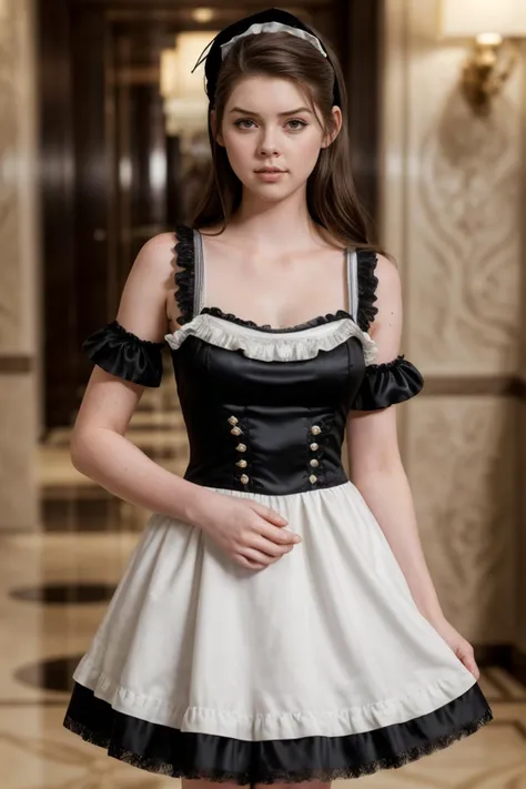 S478_EliseTrouw, walking (in a fancy luxury hotel:1.3), (black french maid dress:1.3), (film grain:1.3), (medium-long shot:1.3), PA7_Photo, PA7_Human-Likeness, <lora:add_detail:0.5>