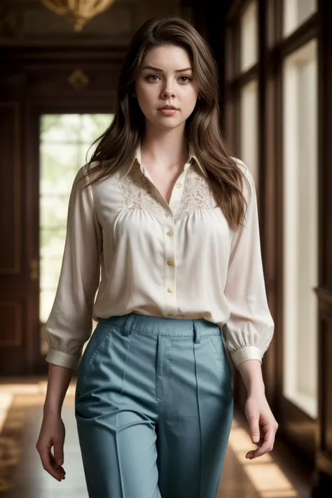 S478_EliseTrouw, walking (in a luxury mansion:1.3), (blouse, chino pants:1.3), (film grain:1.3), (medium-long shot:1.3), PA7_Photo, PA7_Human-Likeness, <lora:add_detail:0.5>