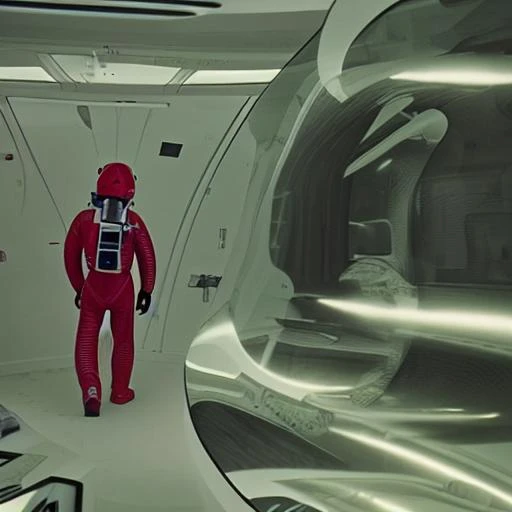 a man in a red space suit is staring at the camera, a hologram by Jean Fautrier, cgsociety, les automatistes, reimagined by industrial light and magic, redshift, criterion collection <lora:2001-08:1>