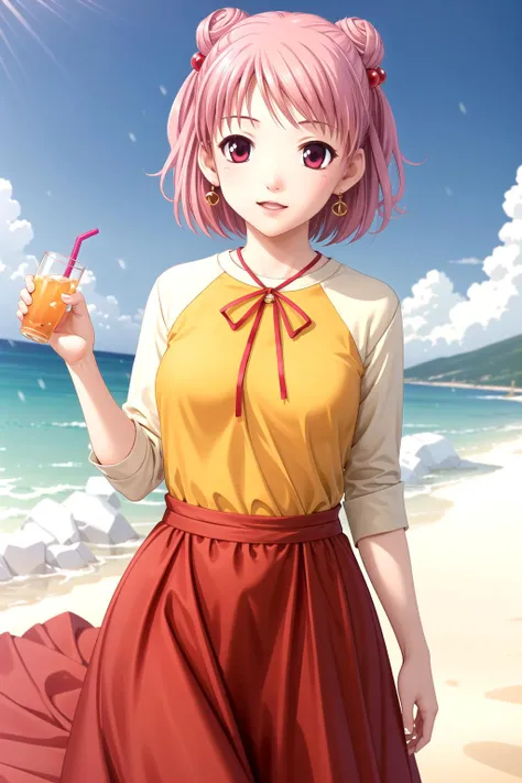 (masterpiece, best quality),(grainy:0.8), (ultra realistic:0.8), (extremely detailed:1.2), perfect anatomy, BREAK girl, sunglasses, reflection on sunglasses, eyes under sunglasses, (drinking soda:1.2), ponytail, hair flower accessory, BREAK detailed summer dress, BREAK beach background, <lora:YagamiCoco-000014:0.4>,((large breasts)),