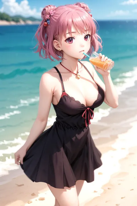 (Masterpiece, BestQuality:1.3), (ultra detailed:1.2), (hyperrealistic:1.3), (RAW photo:1.2), High detail RAW color photo, professional photograph, (Photorealistic:1.4), (realistic:1.4), professional lighting, perfect anatomy, (Big Breasts:1.2), (blush, detailed face), (cheerful Smile:1.5), Trending Hair&Trending Hairカラーをランダムに, earrings, necklace, bracelet, sexly, erotic sexly, Random sexy gravure poses, (A beautiful pink-haired woman wearing a tube top and denim shorts、Smiling and posing sexily while enjoying a cocktail on the sunset beach。: 1.3)