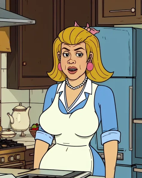 beverly,earrings,large breasts,black eyes,blonde hair,
pearl necklace,apron,blue dress,sleeves rolled up,
standing,upper body,
kitchen,window,
(insanely detailed, beautiful detailed face, masterpiece, best quality),solo,<lora:BeverlyGoodman:0.7>,