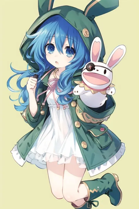 1girl,blue hair,blue eyes,raincoat,hood up,open green coat,lop rabbit ears,detached sleeves,white dress,rabbit puppet,looking at viewer,(ð),green boots,pink ribbon,
<lora:HY2:0.7>,