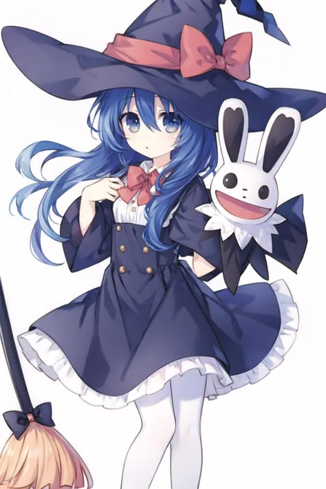 simple background,1girl,blue hair,blue eyes,long hair,witch hat,dress,bow,white pantyhose,broom,rabbit puppet,
<lora:HY2:0.7>,