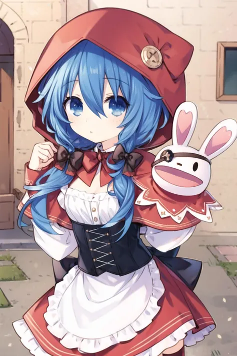 1girl,blue hair,blue eyes,little red riding hood,animal hood,capelet,looking at viewer,in castle,rabbit puppet,low neckline,white shirt,long sleeves,red skirt,apron,cross-laced brown corset,low twintails,hair brown bow,hood up,thighhighs,waist bow,warm light,frills,
<lora:HY2:0.7>,