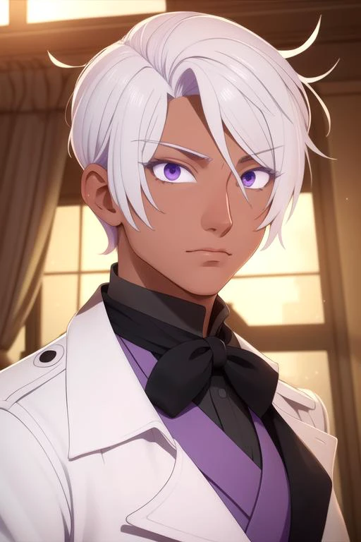 masterpiece, best quality, illustration, 1boy, solo, male focus, looking at viewer, upper body, depth of field, ligne claire, , <lora:noe_archiviste:0.72>, noe_archiviste, white hair, purple eyes, trench coat, , science fiction steam punk,