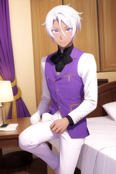 masterpiece, best quality, sketch, 1boy, solo, male focus, looking at viewer, , , anime coloring, , <lora:noe_archiviste:0.70>, noe_archiviste, white hair, purple eyes, , hotel room,