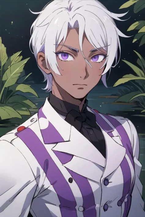 masterpiece, best quality, photorealistic, 1boy, solo, male focus, looking at viewer, , depth of field, anime coloring, , <lora:noe_archiviste:0.66>, noe_archiviste, white hair, purple eyes, clown costume, wetland,