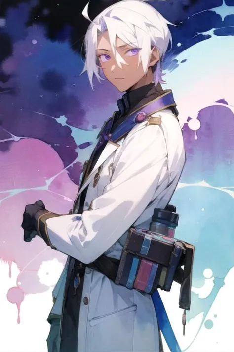 masterpiece, best quality, , 1boy, solo, male focus, looking at viewer, , , (watercolor illustration, soft pastel colors:1.1), , <lora:noe_archiviste:0.70>, noe_archiviste, white hair, purple eyes, , science fiction science fantasy, 8k resolution