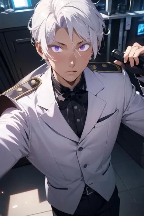 masterpiece, best quality, game cg, 1boy, solo, male focus, looking at viewer, , depth of field, ligne claire, realistic, <lora:noe_archiviste:0.70>, noe_archiviste, white hair, purple eyes, businessman costume, science fiction superhero,