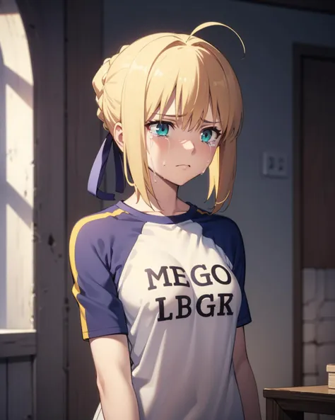 <lora:saber_v1_character:0.5> phSaber, 1girl, solo,  <lora:MegaMilkV1:1> SHIRTMEGA, sad, crying, standing, upper body, raglan_sleeves, two-tone_shirt, clothes_writing,, <lyco:GoodHands-beta2:1.0>