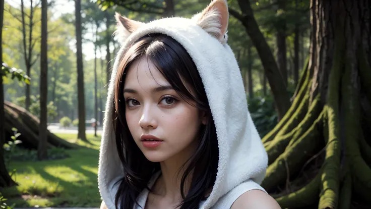 best quality, masterpiece, of a female, dressed as a Dancer, with black hair, with a female Slicked-back undercut with a high-shine finish hairstyle, wearing a mage hood, close-up, standing, In a fantasy city built within a giant hollowed-out tree, inhabited by woodland creatures,, realistic, concept art, cinematic, volumetric lighting, highly detailed, 8k  with cat  bengal ultradetialed character with perfect face,detailed skin,(ultrasharp:1.3),(masterpiece:1.1),best quality AS-YoungV2,(photorealistic:1.2),ultrarealistic,realistic ultradetailed character,4k perfect quality,<lyco:GoodHands-beta2:1>Magnificent,Imperceptible detail,Intricately designed,