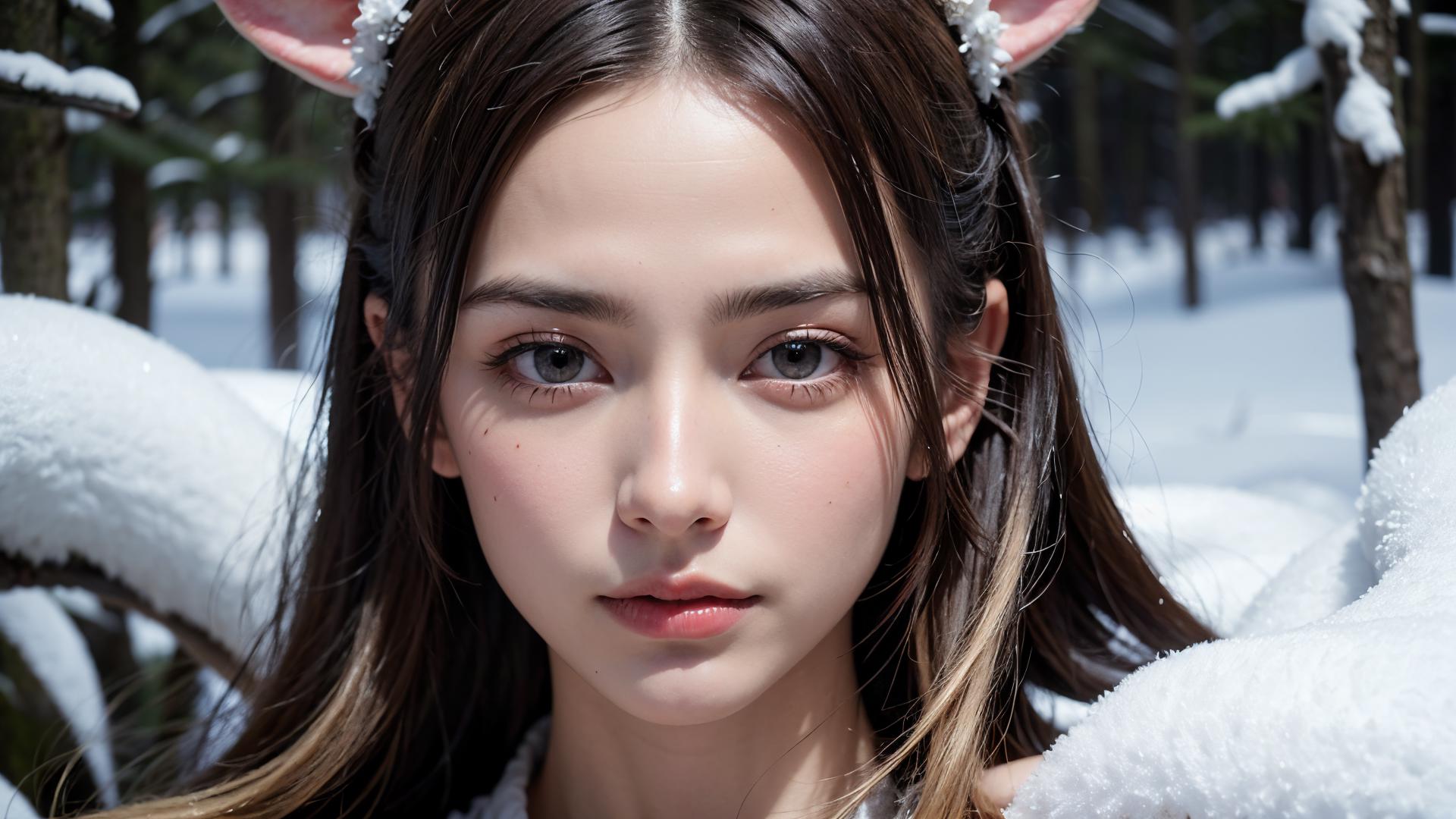 Arafed girl with long hair wearing a white dress and ears - SeaArt AI