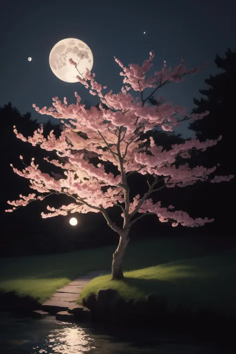 A painting of a plum blossom tree with the moon in the background, inspired by George Lacom, James M. R. Izzy, Night Moonlight, Moonlight Night, Apple and Moon, Calm Night. Digital illustration, inspired by Marin, moonlight, inspired by Ji Sheng, Autumn Night, inspired by Shen Shichong, luminous style painting, moonlight, (masterpiece,best quality:1.5)