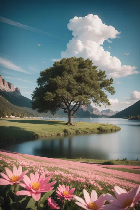 landscape, colorful, pink flowers, sun, tree, mountain, sky, water, clouds, birds, ultra had, (masterpiece,best quality:1.5)