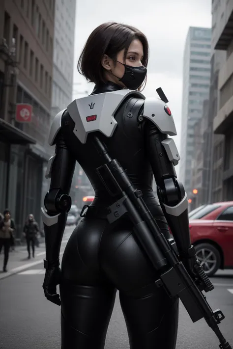 This is a CG Unity 8k wallpaper with ultra-detailed, high-resolution and top quality in cyberpunk style, dominated by black and red. In the picture, a beautiful girl with white messy short hair, a delicate face, wearing a steam mecha mask, standing on the ruins, behind her is a huge robot, and the action of a woman holding a heavy sniper rifle in her hand,, (masterpiece,best quality:1.5)