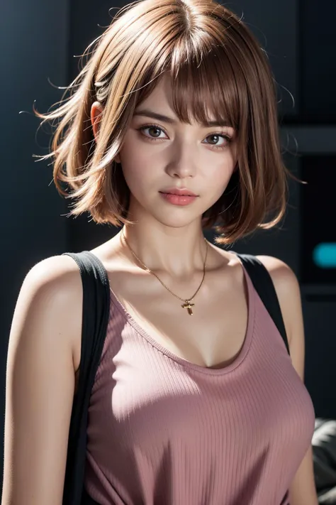 cute girl, portrait, smile, pink short bob hair, happy expression, thick makeup, casual clothes, bangs, dark eyelash,, hires, super hires, super detailed, hyper detailed, masterpiece, great composition, 8K, 4K, dramatic lighting,