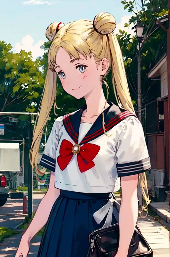<lora:Usagi_Tsukino_v3:1> usagitsukino, 1girl, solo, blue eyes, blonde hair, very long hair, twintails, hair bun, double bun, parted bangs, || school uniform, sailor collar, shirt, short sleeves, puffy sleeves, blue pleated skirt, skirt, serafuku, red bow, brooch, smile, outdoors, <lora:Yoshida_Akihiko_style_v01:1>, absurdres, ultra detailed, masterpiece, best quality, aesthetic, detailed,