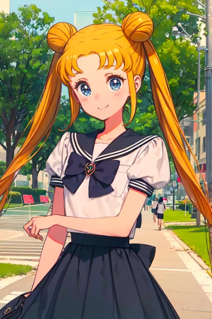 <lora:Usagi_Tsukino_v3:1> usagitsukino, 1girl, solo, blue eyes, blonde hair, very long hair, twintails, hair bun, double bun, parted bangs, || school uniform, sailor collar, shirt, short sleeves, puffy sleeves, blue pleated skirt, skirt, serafuku, red bow, brooch, smile, outdoors, <lora:kuroboshi_kouhaku_style_v01:1>, absurdres, ultra detailed, masterpiece, best quality, aesthetic, detailed,