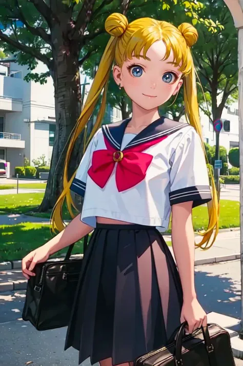 <lora:Usagi_Tsukino_v3:1> usagitsukino, 1girl, solo, blue eyes, blonde hair, very long hair, twintails, hair bun, double bun, parted bangs, || school uniform, sailor collar, shirt, short sleeves, puffy sleeves, blue pleated skirt, skirt, serafuku, red bow, brooch, smile, outdoors,   <lora:Range_murata_style_v02:0.8>, absurdres, ultra detailed, masterpiece, best quality, aesthetic, detailed,