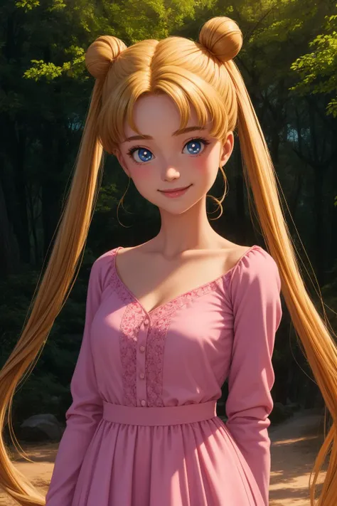 usagitsukino, 1girl, solo, blue eyes, blonde hair, very long hair, twintails, hair bun, double bun, parted bangs,
pink dress, long sleeves,
smile,closed mouth,cowboy shot,
forest,outdoor,
(insanely detailed, beautiful detailed face, masterpiece, best quality) cinematic lighting,<lora:Usagi_Tsukino_v3:1>, <lora:more_details:0.3>,