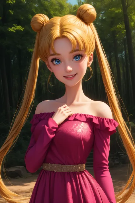 usagitsukino, 1girl, solo, blue eyes, blonde hair, very long hair, twintails, hair bun, double bun, parted bangs,
pink dress, long sleeves,
smile,closed mouth,cowboy shot,
forest,outdoor,
(insanely detailed, beautiful detailed face, masterpiece, best quality) cinematic lighting,<lora:Usagi_Tsukino_v3:1>, <lora:more_details:0.3>,