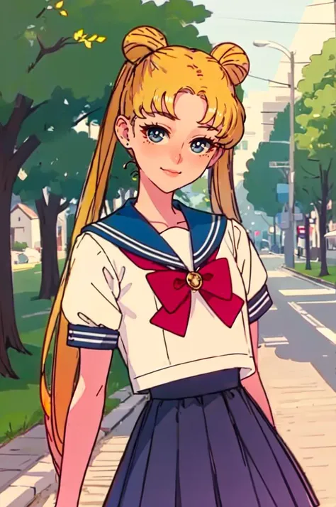 <lora:Usagi_Tsukino_v3:1> usagitsukino, 1girl, solo, blue eyes, blonde hair, very long hair, twintails, hair bun, double bun, parted bangs, || school uniform, sailor collar, shirt, short sleeves, puffy sleeves, blue pleated skirt, skirt, serafuku, red bow, brooch, smile, outdoors,   <lora:ban!_locon_v2_5e4_32d_16c:1>, absurdres, ultra detailed, masterpiece, best quality, aesthetic, detailed,