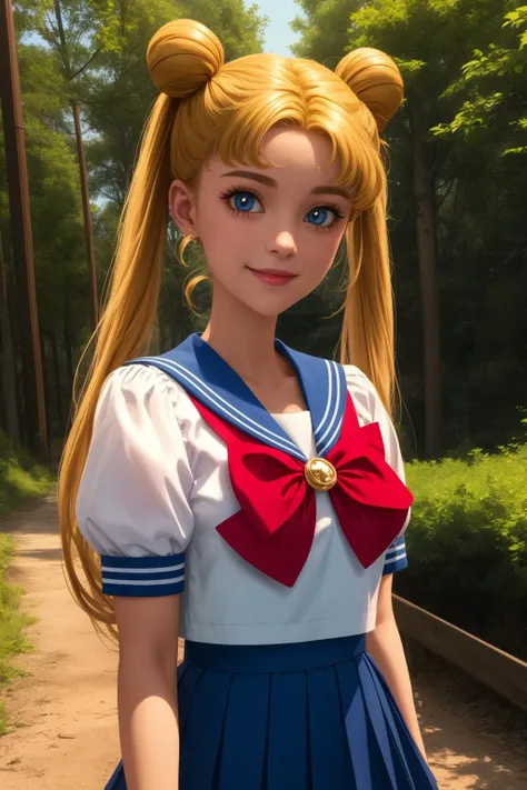 usagitsukino, 1girl, solo, blue eyes, blonde hair, very long hair, twintails, hair bun, double bun, parted bangs,
school uniform, sailor collar, shirt, short sleeves, puffy sleeves, pleated skirt, skirt, serafuku, bow, brooch,
smile,closed mouth,cowboy shot,
forest,outdoor,
(insanely detailed, beautiful detailed face, masterpiece, best quality) cinematic lighting,<lora:Usagi_Tsukino_v3:1>, <lora:more_details:0.3>,