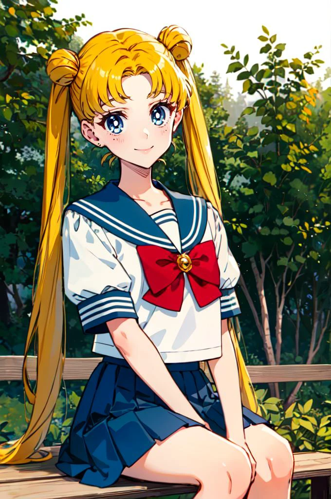 <lora:Usagi_Tsukino_v3:1> usagitsukino, 1girl, solo, blue eyes, blonde hair, very long hair, twintails, hair bun, double bun, parted bangs, || school uniform, sailor collar, shirt, short sleeves, puffy sleeves, blue pleated skirt, skirt, serafuku, red bow, brooch, smile, (outdoors:1.3), <lora:ringo78:1> ringo78, takanashi ringo, big eyes, shiny skin,, absurdres, ultra detailed, masterpiece, best quality, aesthetic, detailed,