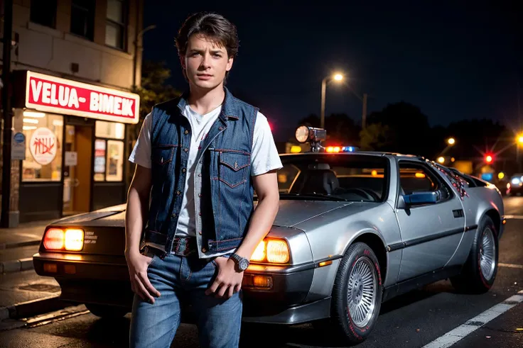 <laura:Marty McFly:0.4>, 1 teenage ,  at night, standing on the street,  (((in a red vest with blue jeans))), in a light plaid shirt ander the red vest, action scene, a silver-colored Delorean car in the background, (looking at the viewer:1.2) , hdr, 8K, UHD, hdr