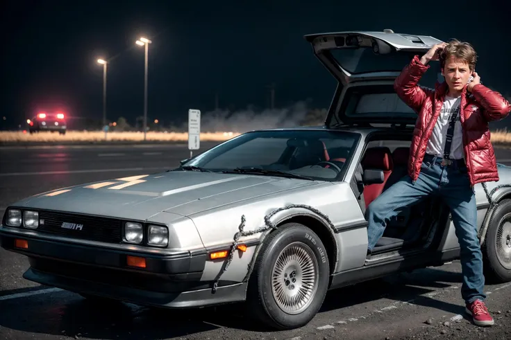 <laura:Marty McFly:0.4>,1 teenager, a shot from the movie "Back to the future" "before Delorean", a little fog in the frame, surreal, (at night:1.1), on an asphalt raincoat, synthwave style, a red sleeveless vest is worn over a denim shirt, low lighting, 3-point screen illumination. subject, wet desert runway, starry night sky, realistic, 8K, UHD, 32K,