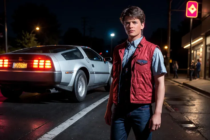 <laura:Marty McFly:0.4>, 1 teenage , at night, standing on the street, (((in a red vest with blue jeans))), in a light plaid shirt ander the red vest, action scene, a silver-colored Delorean car in the background, (looking at the viewer:1.2) , hdr, 8K, UHD, hdr