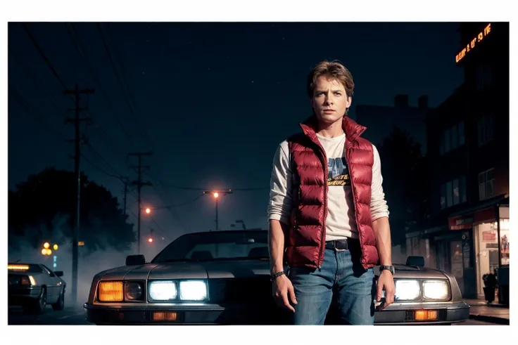 <laura:Marty McFly:0.4>,1 teenager, a frame from the movie Back to the Future "before Delorean", a little fog in the frame, surreal, (at night:1.1), colorful glowing city, synthwave style, a red sleeveless vest is worn over a denim shirt, low lighting, 3-point illumination of the subject, wet deserted street, starry night sky, realistic, 8K, UHD, 32K,