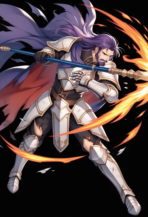 score_9, score_8_up, score_7_up, source_anime BREAK <lora:feh-style-richy-v1_pdxl-05:1>fehdmg, solo, long hair, simple background, gloves, 1boy, holding, purple eyes, full body, weapon, purple hair, male focus, boots, cape, holding weapon, armor, torn clothes, facial hair, fire, polearm, black background, shoulder armor, gauntlets, beard, pauldrons, spear, mustache, armored boots, aura, holding polearm, greaves, torn cape, purple cape